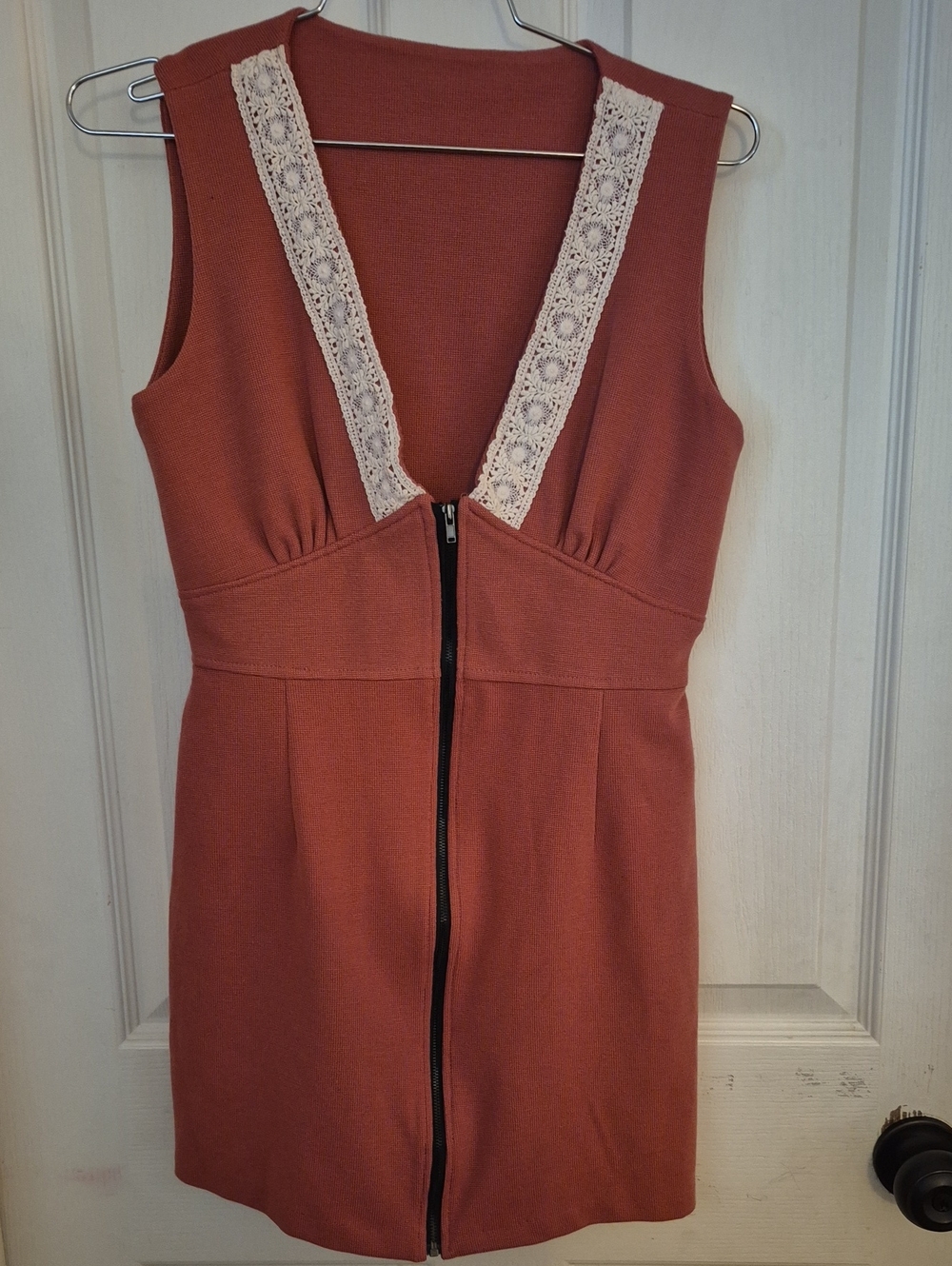 Rust Lace-Trim Sleeveless Zip-Front Dress